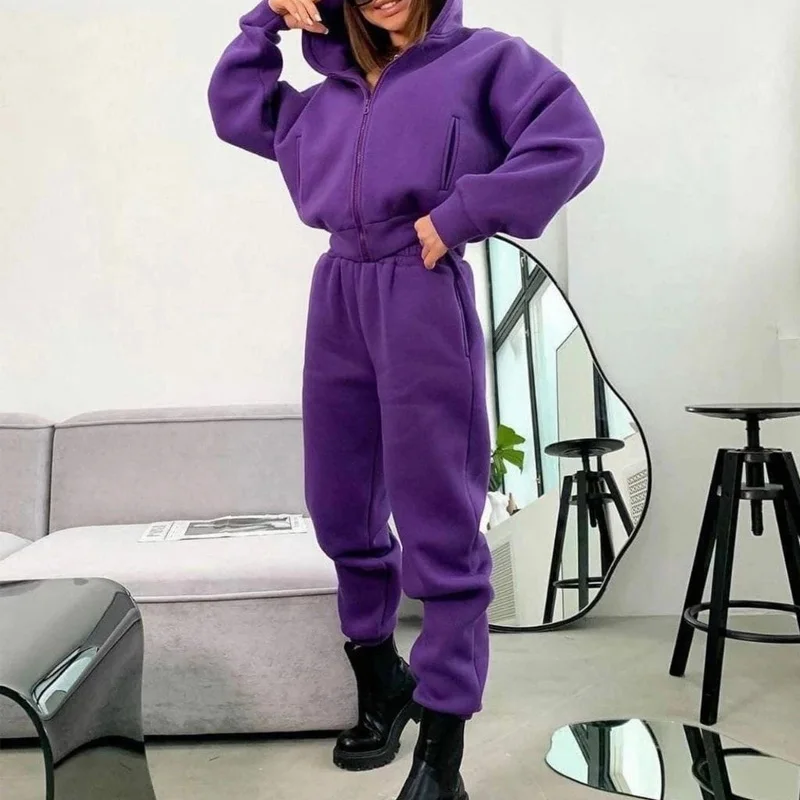

Women Elegant Fleece Sweatshirt Outfits Fashion Zipper Hooded Sweatshirt & Long Pant Suit Casual Long Sleeve Solid Loose 2Pc Set