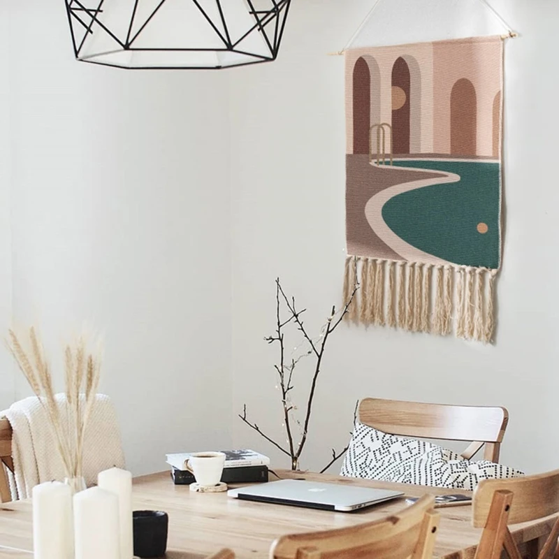 

Плетеный хлопковый льняной гобелен H051 с кисточками, настенный художественный подвесной тканевый Декор для дома, спальни, гостиной, эстетич...