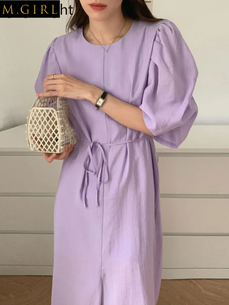 

Gaganight, женское фиолетовое платье Taro с круглым вырезом, плиссированным рукавом с завязкой на талии, 2022, корейские шикарные летние элегантные ...