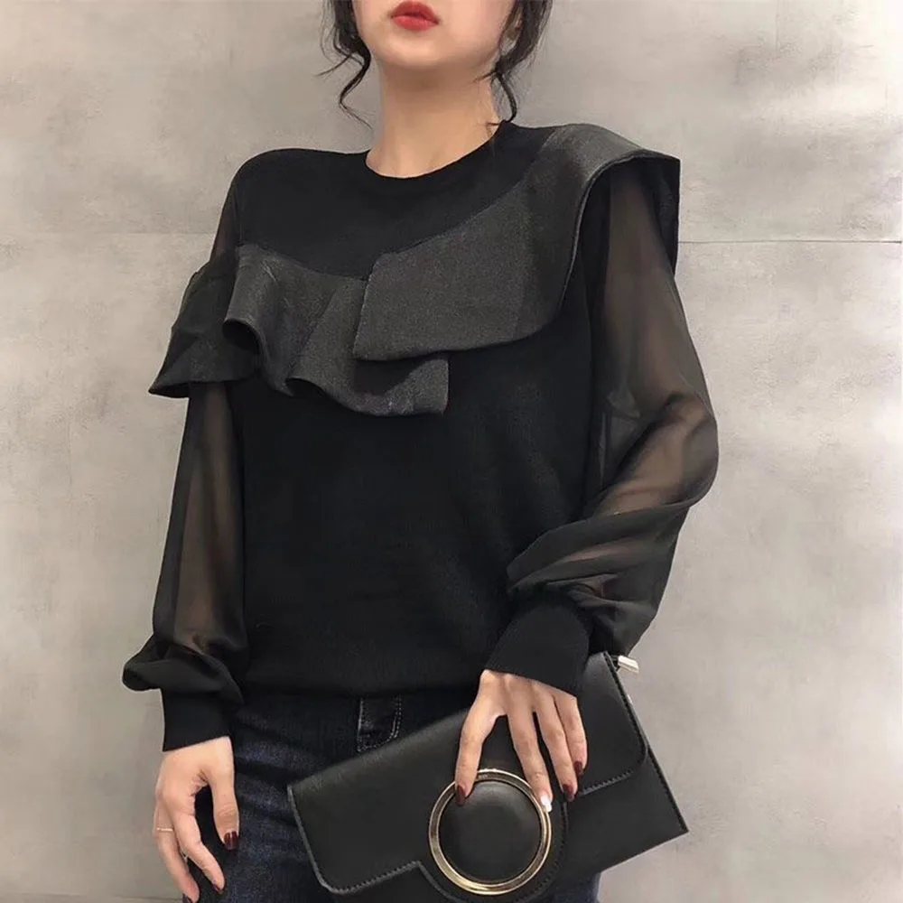 

Japan Casual Women Blouse Fashion Ruffle Edge Pullover Lace Patchwork Solid Color Elegant Spring Autumn Clothing For Ladies