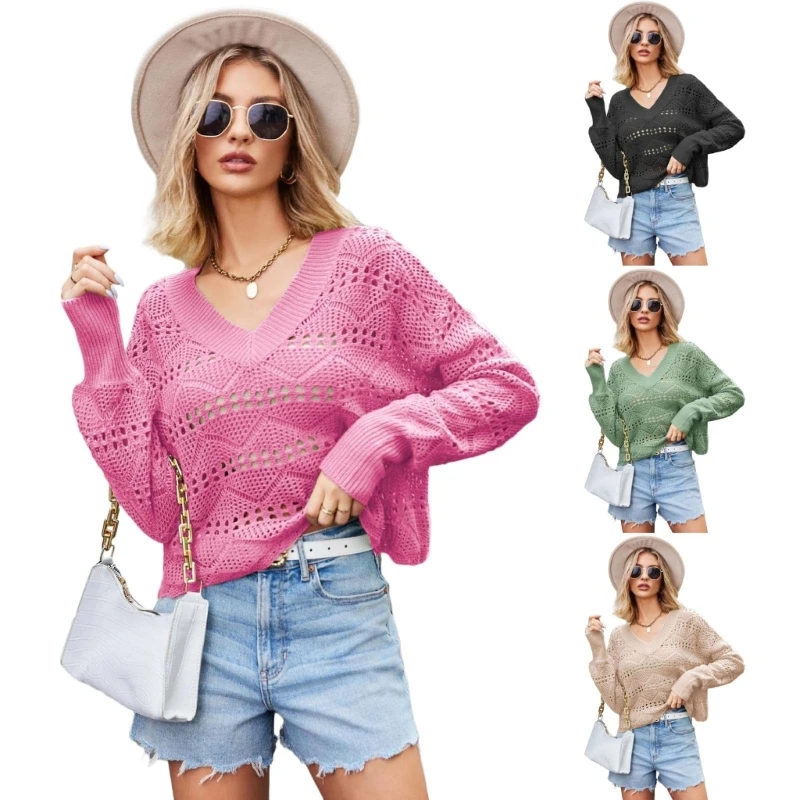 

Long Sleeve Hollow Out Sweater Casual Crochet Knit Pullover V-Neck Long Sleeve Loose Blouses for Womens