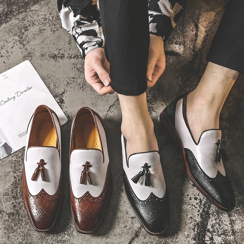 

Men's Fashion Leather Slip-On Shoes Mens Brogue Tassels Vintage Derby Shoes Men Casual Shoes Flats Loafers