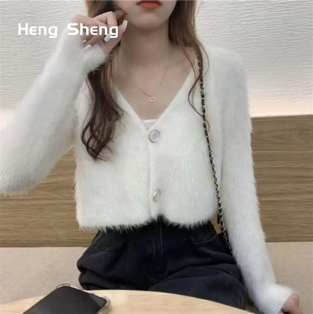 

Heng Sheng 2023 Autumn Knitted Cardigan Faux Mink Wool Jacket Female Yound Lady