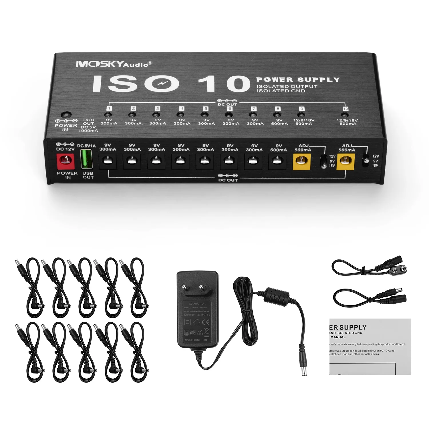 MOSKY ISO-10 Portable Guitar Effect Power Supply Station 10 Isolated DC Outputs & One 5V USB Output for 9V 12V 18V Guitar Effect