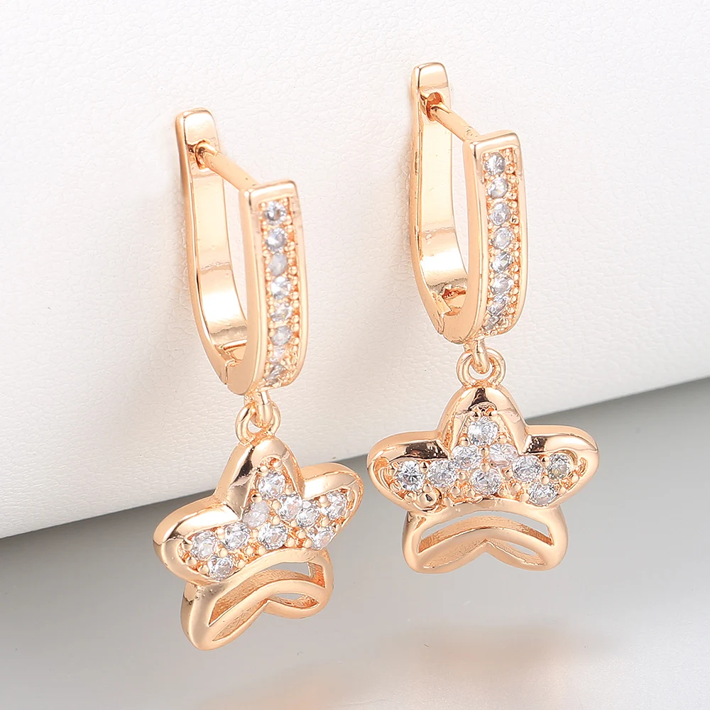 

Cute Star Earrings For Women Girls 585 Rose Gold Color Geometric Cut Out Zircon Dangle Drop Earrings Female Jewelry Gifts GE369