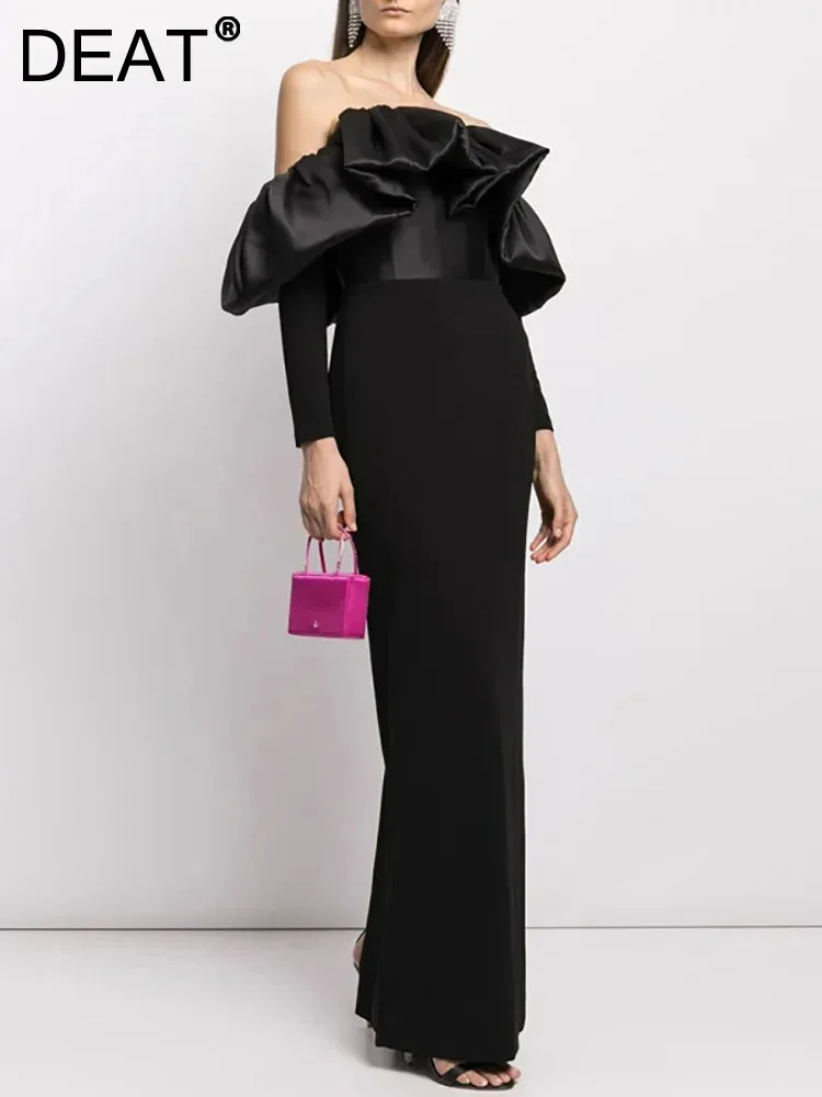 Женское атласное платье без бретелек DEAT элегантное лоскутное с длинным рукавом и