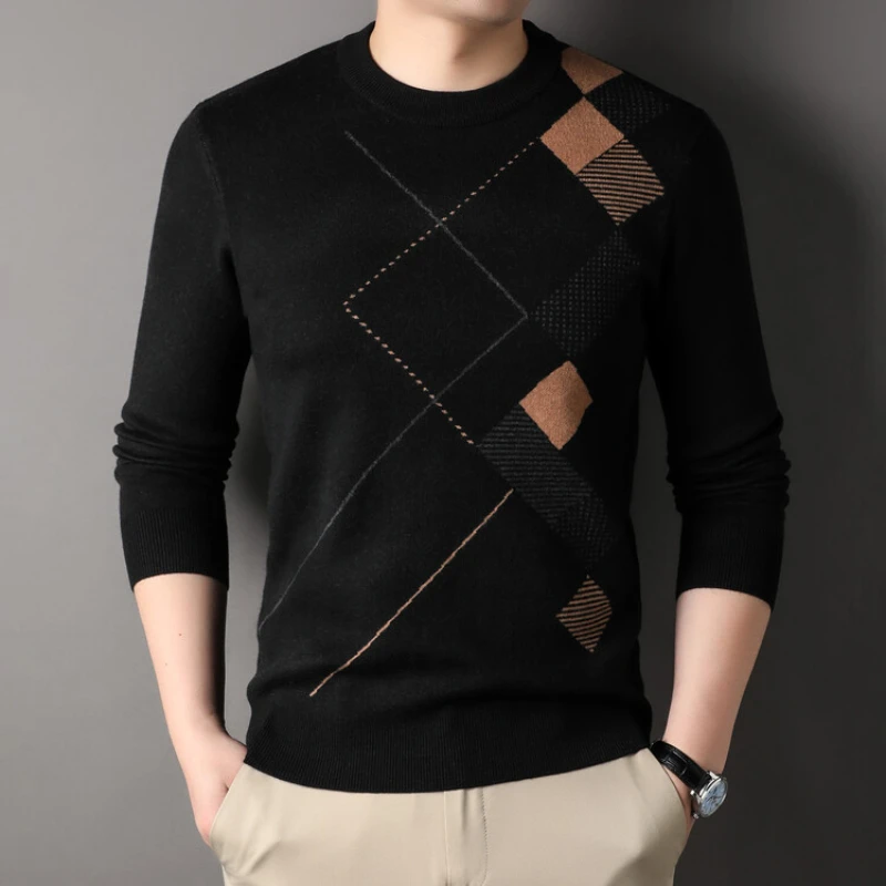 Autumn Winter Men's Long-Sleeved Sweater Young Fashion Knitwear Color Matching Top Gray Black Sweater -Sizes S-4XL
