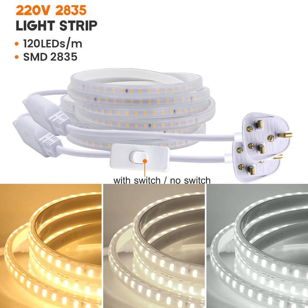 

LED Strip Light 220V 2835 Waterproof Led Strip High Brightness 120LEDs/m Flexible Kitchen Outdoor Garden LED Light with UK Plug