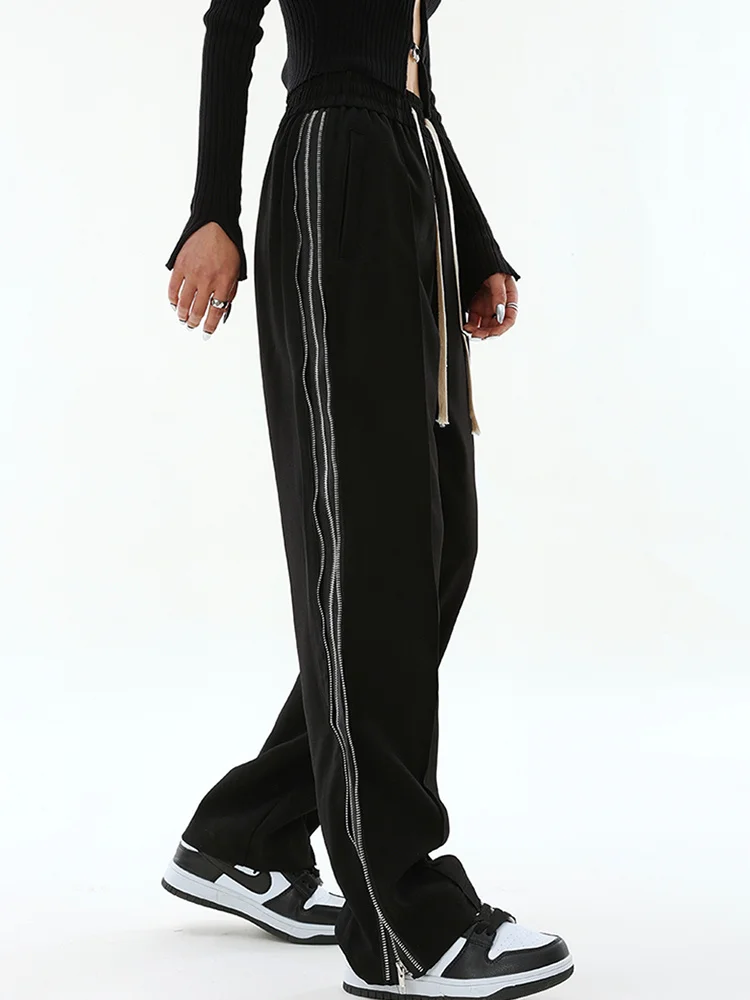 

Wide Leg Pants Women Black Lace-up Korean Style Loose Leisure High Waists Female Spring Long Daily Slit Trousers Streetwear Fall