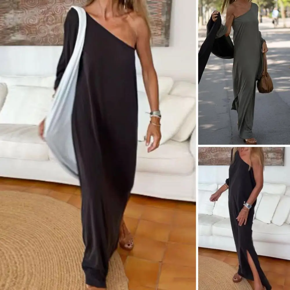 

Sexy Dress Asymmetric Maxi Dress Sloping Shoulders Dress Up Pure Color Club Dress