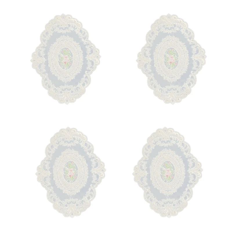 

4 Pack Retro Lace Placemats, French Crochet Doilies, Handmade Embroidered Table Mats, 12X16-In Beige Place Mats Cup Mat