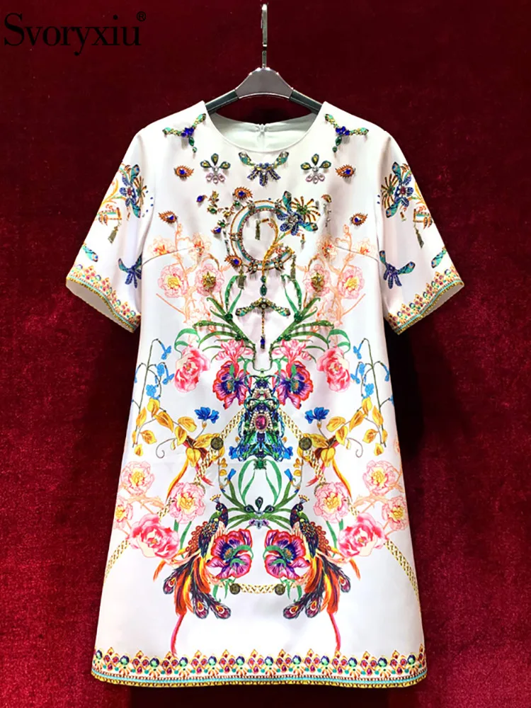 

Svoryxiu New Fashion Designer Summer Vintage Luxury Mini Dress Women's Short sleeve Diamonds Print Loose Waist Slim Short Dress
