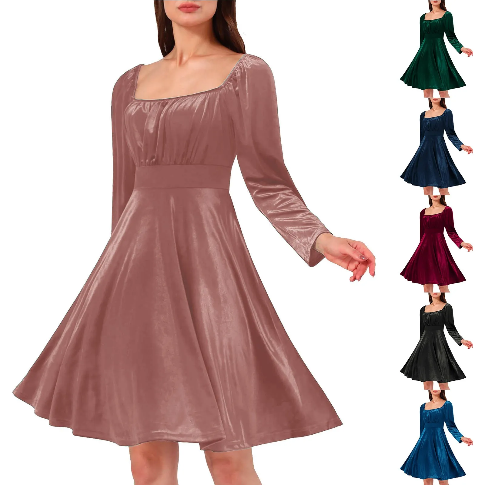 

Womens Square Neck Long Sleeve Velvet Dress Mini Party Cocktail Dress Ruched sweet Holiday