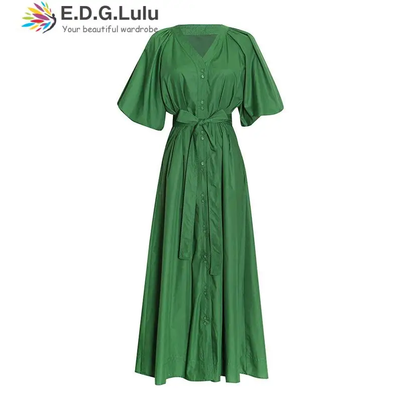 

EDGLuLu Summer 2022 Solid V-neck Single-breasted Casual Short Sleeve Maxi Dress For Women Lace Up Bow Long Elegant Dress 0116