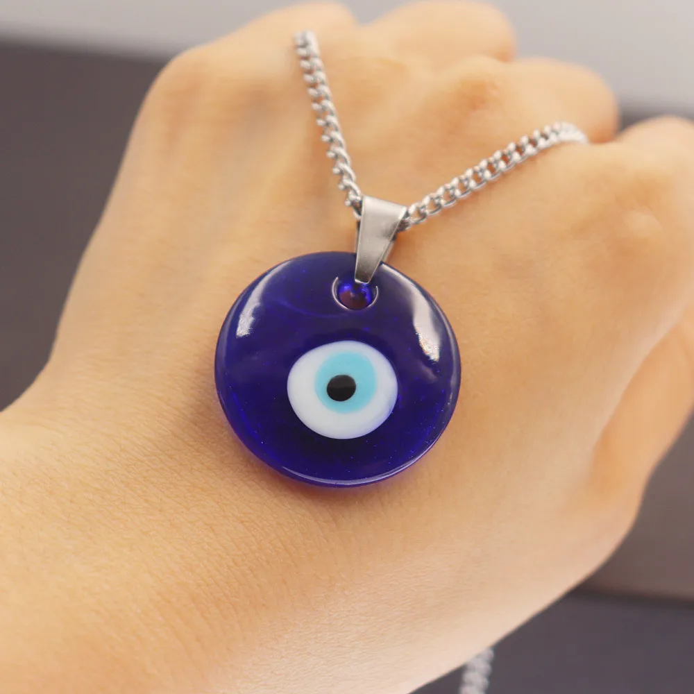 

10pcs Fashion Women Blue Glass Evil Eye Pendant Charms Necklace Stainless Steel Curb Chain Necklace Jewelry Accessories Gift