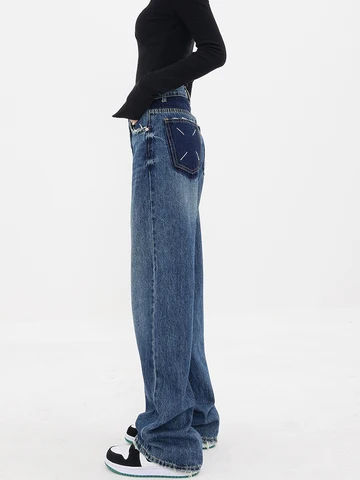 Women Baggy Korean Fashion Jeans Wash Wide Leg High Waist Blue Denim Pants Long Trousers Straight Streetwear Loose Casual Tide