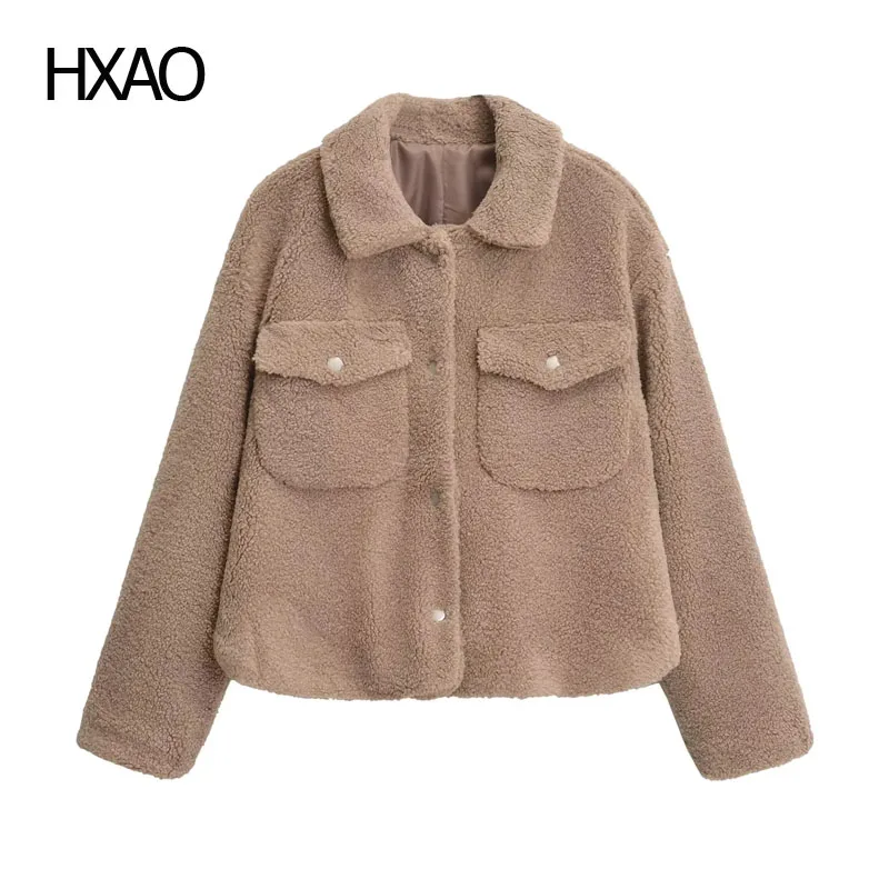 

HXAO Cropped Jacket for Women Winter Duffle Coat Fleece Jackets Autumn Wool Blend Coats Casual Bomber Jacket New In Outerwears