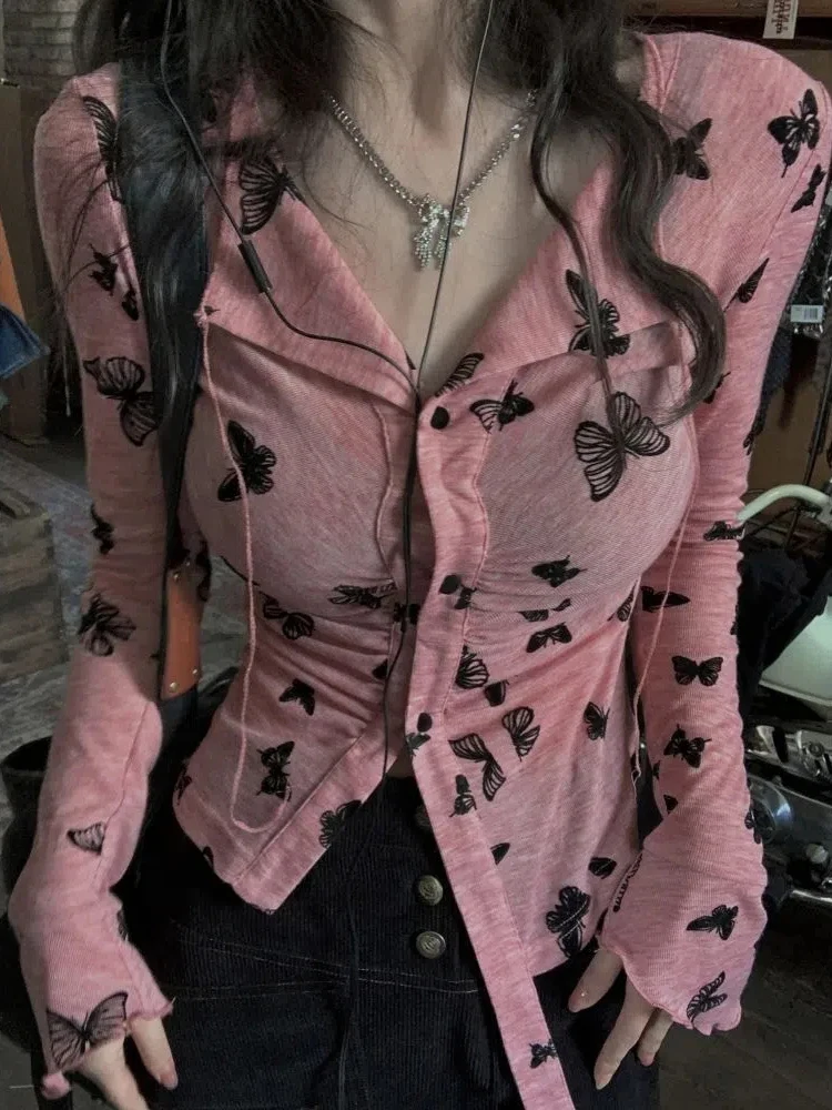 

Jmprs Y2K Women Shirts Designed Butterfly Print Long Sleeve Spring Flare Long Sleeve Streetwear Blouse Sexy Skinny Female Tops