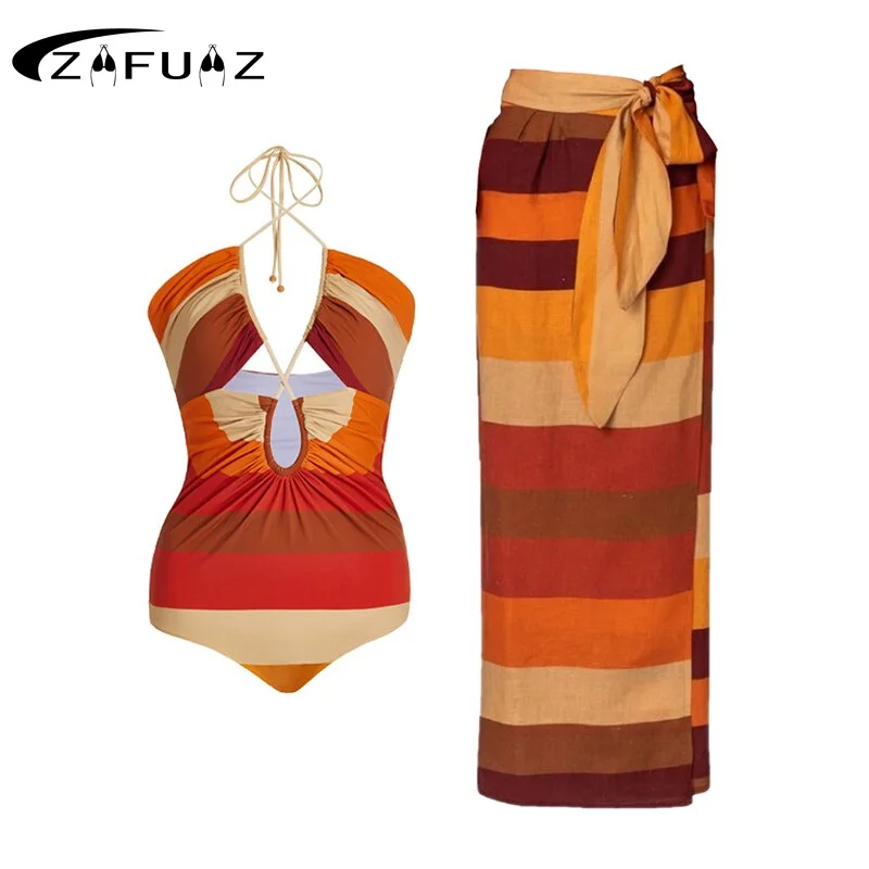 

ZAFUAZ 2023 Sexy Women One-Piece Swimsuit Cut-out Swimwear Halter Bikinis Summer Skirt Bathing Suit Backless Brazilian Biquini