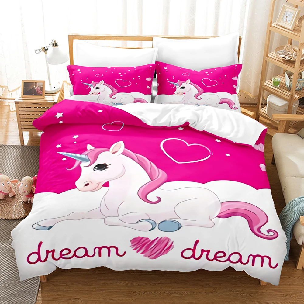 

Комплект постельного белья с розовой радужной лошадью, односпальный Комплект постельного белья для односпального, двуспального, двуспального, большого размера с единорогом, комплект с покрытием для души, для детской спальни с 3D рисунком