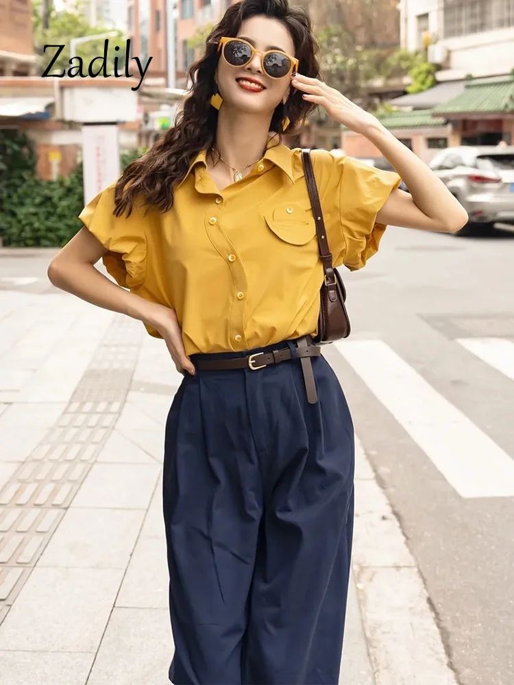 

2023 Summer Office Lady Short Lantern Sleeve Women Asymmetrical Shirt Korea Style Button Up Female Blouse Work Female Top