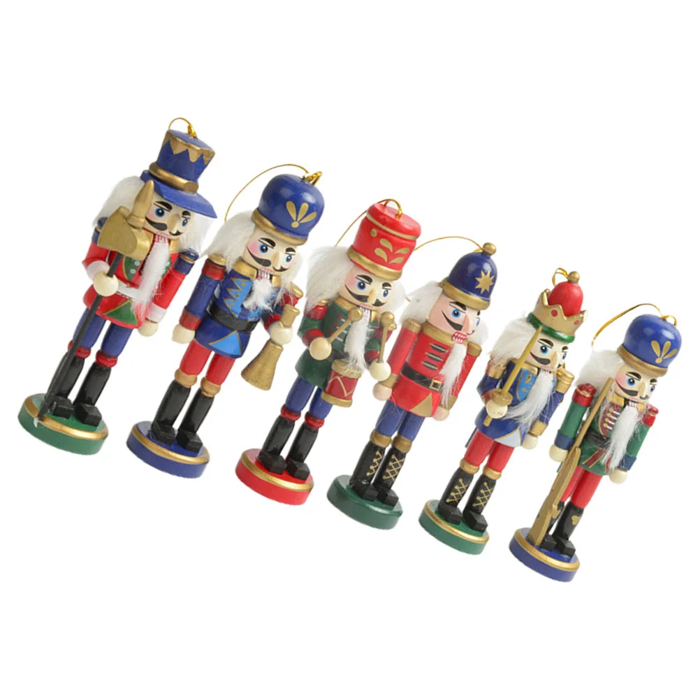 

6 Pcs Puppet Christmas Decorations Desktop Nutcracker Figurines Wood Hanging Ornament
