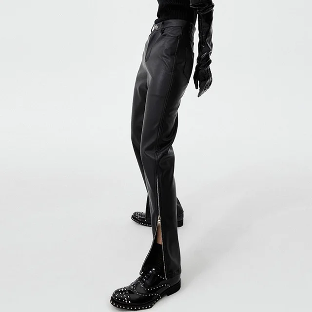 

2022 Women Spring Casual Pants Pu Leather Zipper Hem Women Pu Pants Female Trousers Stretch Punk Style Women Black Long Pants