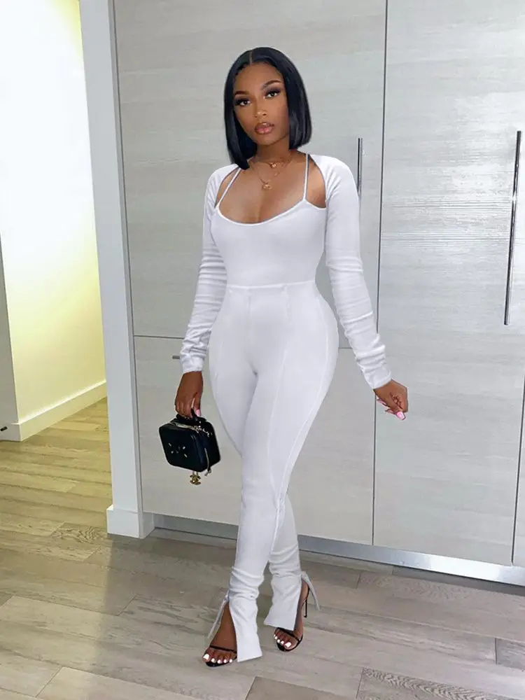 

HAOYUAN Rib Knitted Two Piece Set Long Sleeve Bodysuit Top and Hem Split Flare Pants Matching Sets Women Tracksuits Fall Outfits