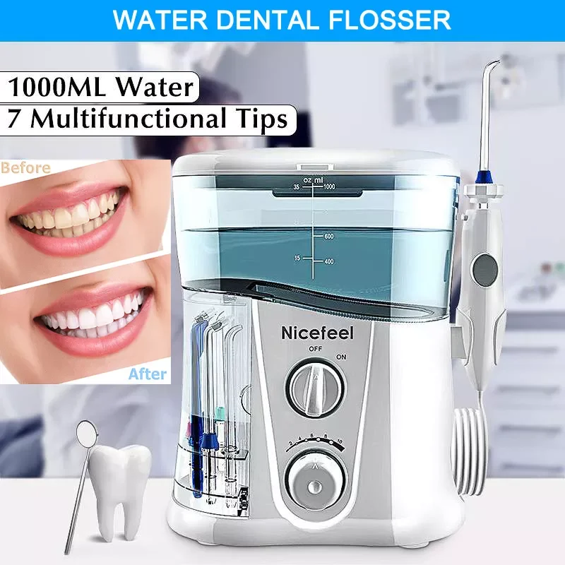 

Nicefeel 1000ml Electric Oral Irrigator Teeth Cleaner Care Dental Flosser SPA Water Flosser with Adjustable Pressure+ 7 Pcs Jet