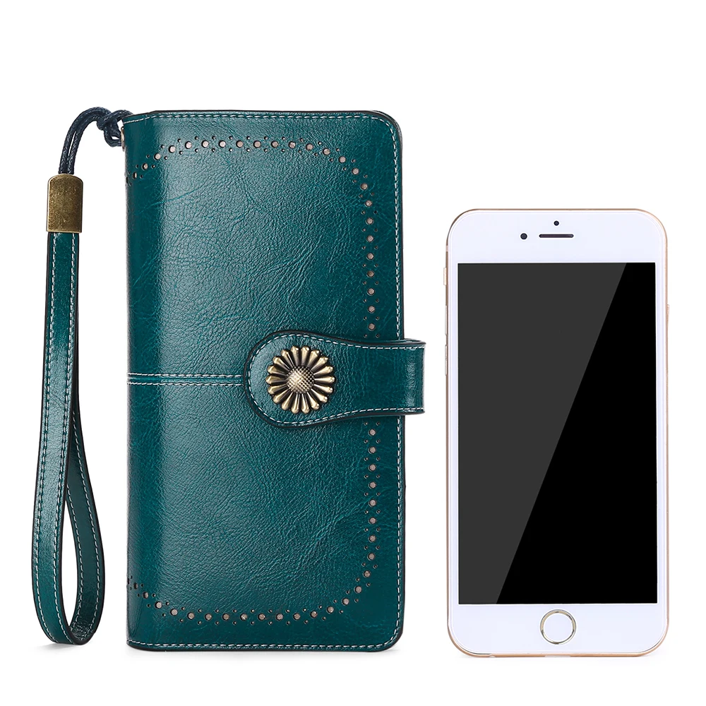 2023 Women Wallets Large Capacity Long Purses Female Zipper Coin Pocket Quality Genuine Leather Wallet Ladies Clutch Wrist Strap