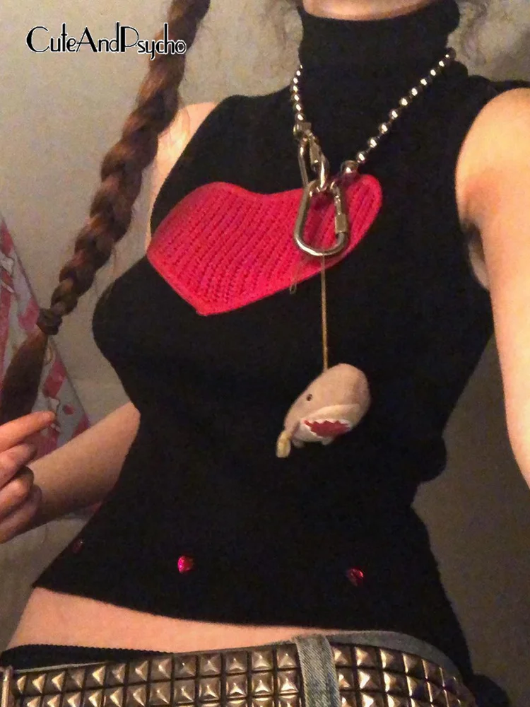 

Cuteandpsycho Vintage Heart Patchwork Y2K Tank Tops Turtleneck Chic Sweet Gothic Tops Aesthetic Sleeveless Summer Crop Shirts