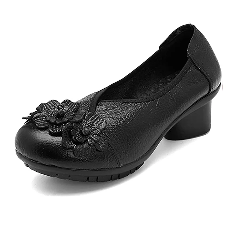 Chunk Heel Block Pumps Women's Blue Vintage Shoes Ladies Slip On Round Toe Pumps Woman Comfortable Leather Heeled Shoes Mother