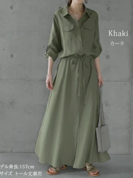 Chic Solid Color Maxi Shirt Dress Casual Turndown Neck Button Belt Slim Long Dress Ladies Streetwear 2022 Women Autumn Clothes 1