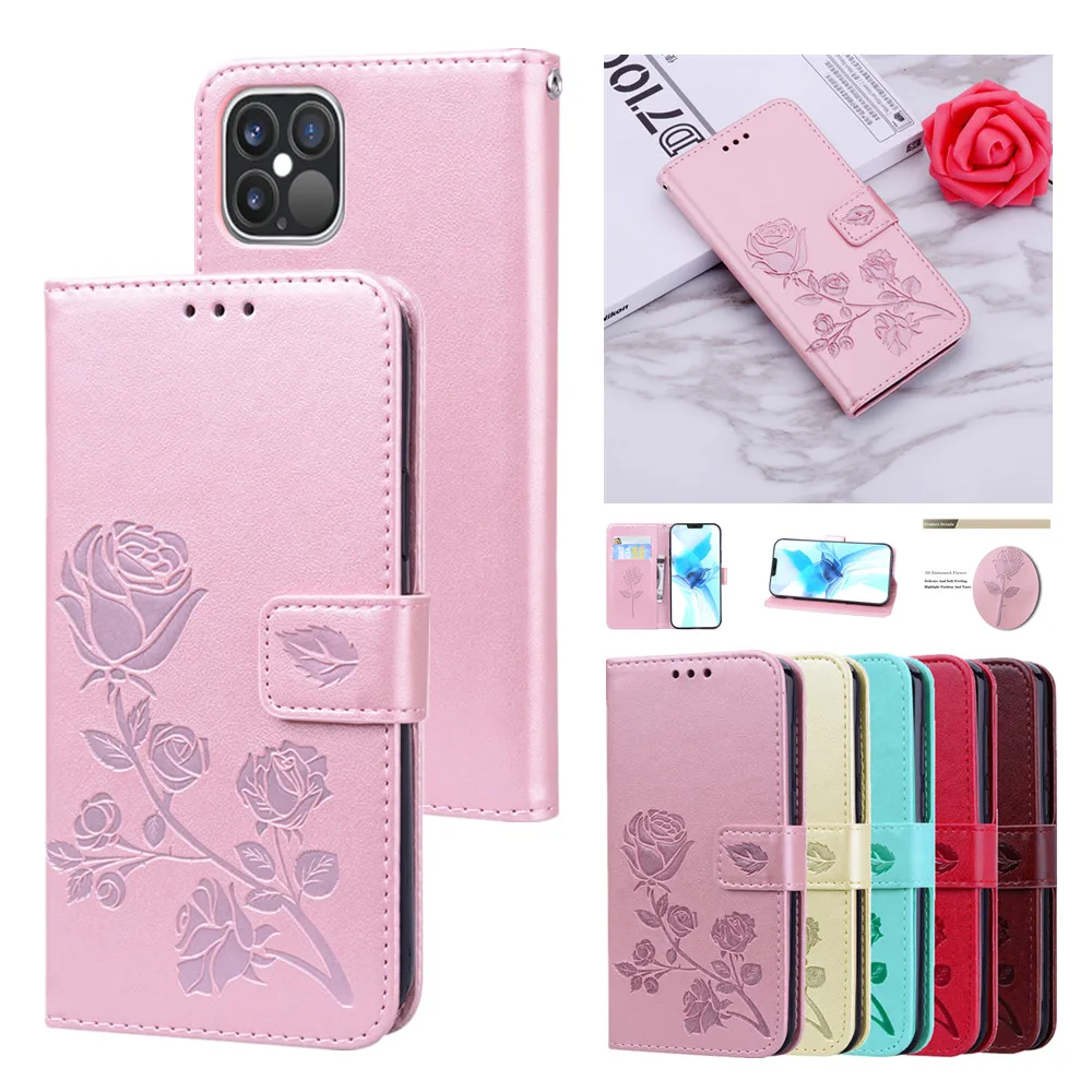 

3D Rose Embossing Flip Case for iPhone 13 11 XR 12 ProMax XS SE2020 6 7 8 Plus Cover Leather Wallet Card Holder Protective Funda