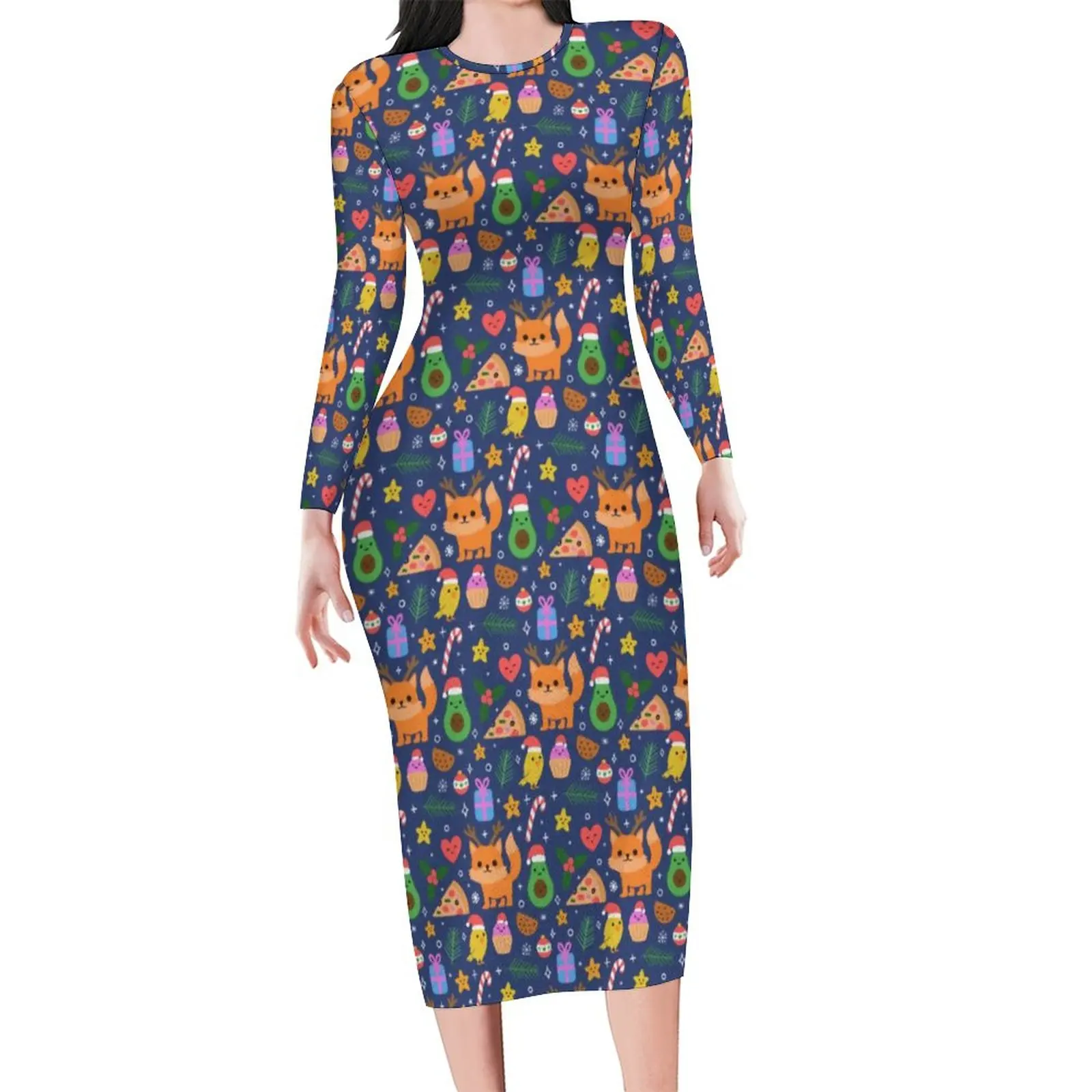 

Cute Fox Print Dress Female Funny Christmas Aesthetic Bodycon Dress Autumn Long Sleeve Vintage Dresses Graphic Oversized Vestido