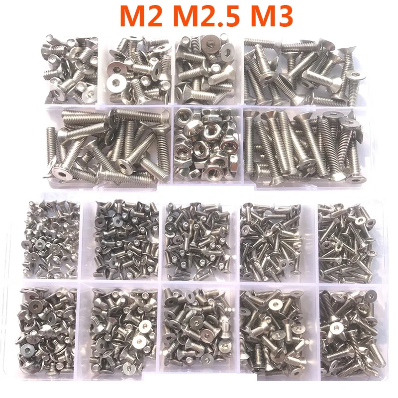 

210-500PCS Hex Socket Head Screw Metric Countersunk M2 M2.5 M3 Flat Head Machine Screw Assortment Kit Stainless Steel Allen Bolt