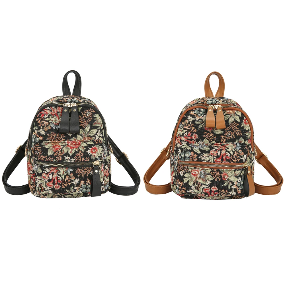 

Preppy Style Women Flower Print Canvas Backpack Vintage Students Small Knapsacks