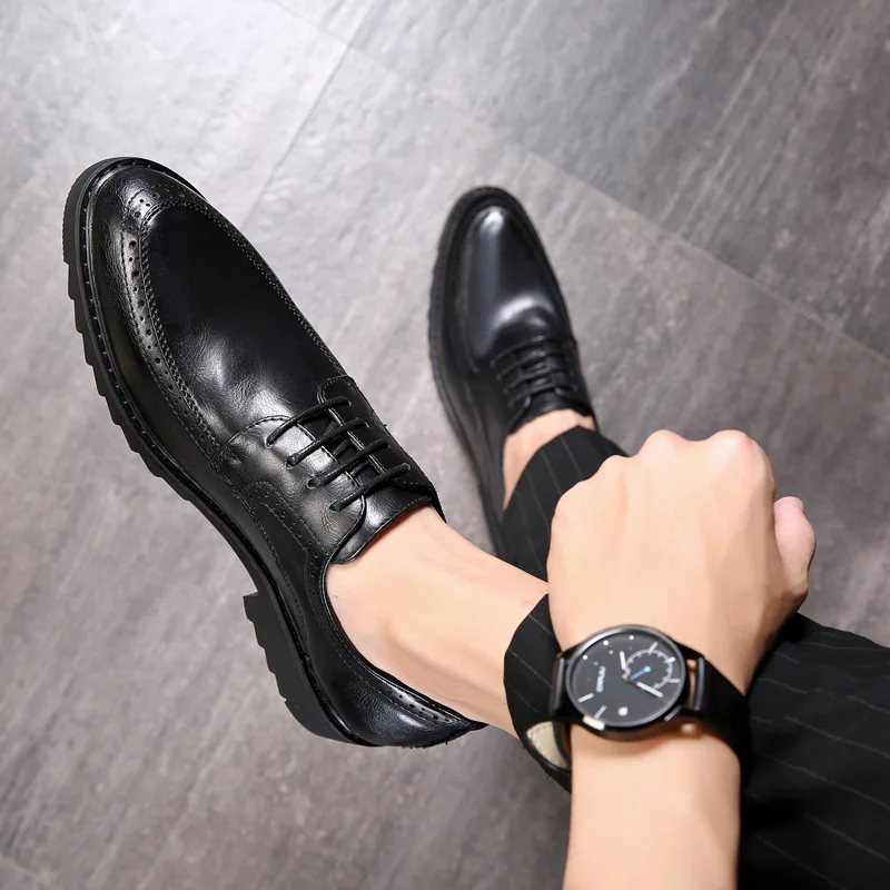 

men casual business wedding formal dress shoes soft leather derby shoe brogue sneakers gentleman black bullock footwear sapatos
