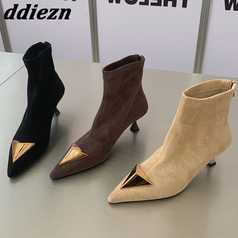 

Autumn Spring 2023 New Fashion Rivet Ladies Stretch Ankle Boots Metal Pointed Toe Women Modern Boots Zippers Female Heel Shoes