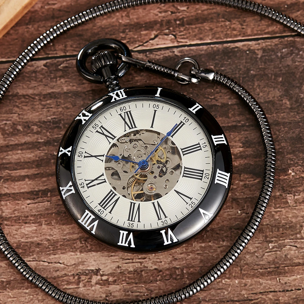 Luxury Automatic Mechanical Pocket Watch Men Roman Dial Stainless Steel Steampunk Skeleton Clock Women Fob Chains reloj hombre