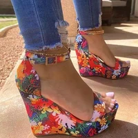 women floral platform sandals female summer wedges woman high heels thick bottom shoes ladies buckle footwear plus size