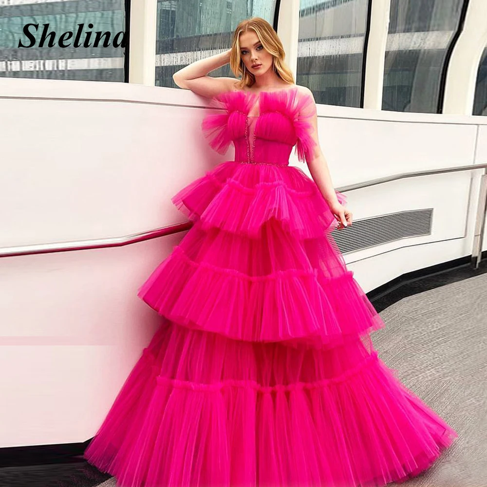 

Shelina Charming Tiered Homecoming Dresses Ball Gown Pleat Beads Strapless Sleeveless Court Train Vestido De Noite Custom Made