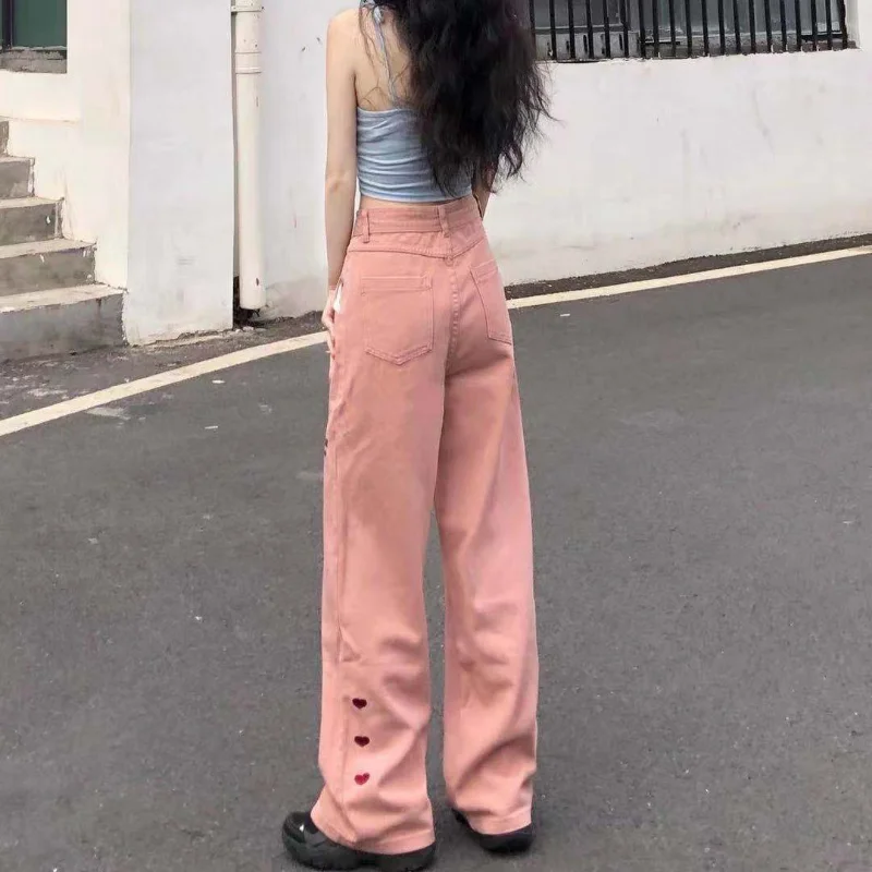 Pink Love Embroidery Jeans for Women 2022 Summer Loose Wide Leg High Waist Figure Flattering Mopping Pants Women Trendy Ins