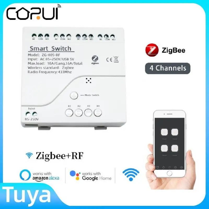 

Умный коммутационный модуль CORUI Zigbee, 4-канальный модуль выключателя RF433 10A, работает с Alexa Google Assistant Tuya Smart Life