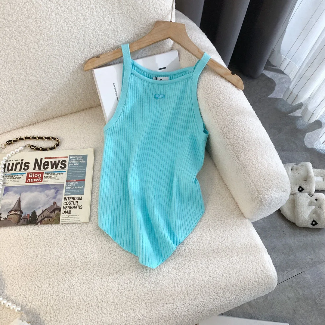 

Женские майки, трикотажный пикантный корейский Трикотажный жилет на бретельках, модные топы без рукавов с круглым вырезом, разноцветные футболки, женская одежда