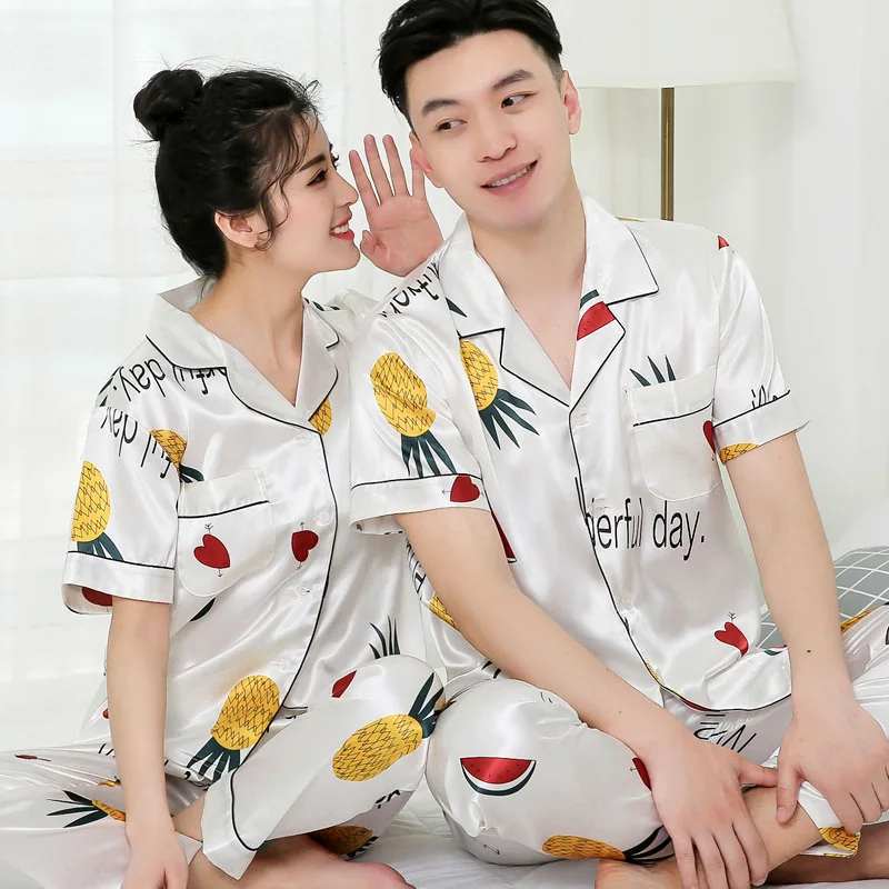 Women Pajama Set Silk Couple Pajamas Lapel Pyjamas Ice Silk Pijama Lover Set pjs Sleepwear Short Sleeve Shirt Pants Homewear