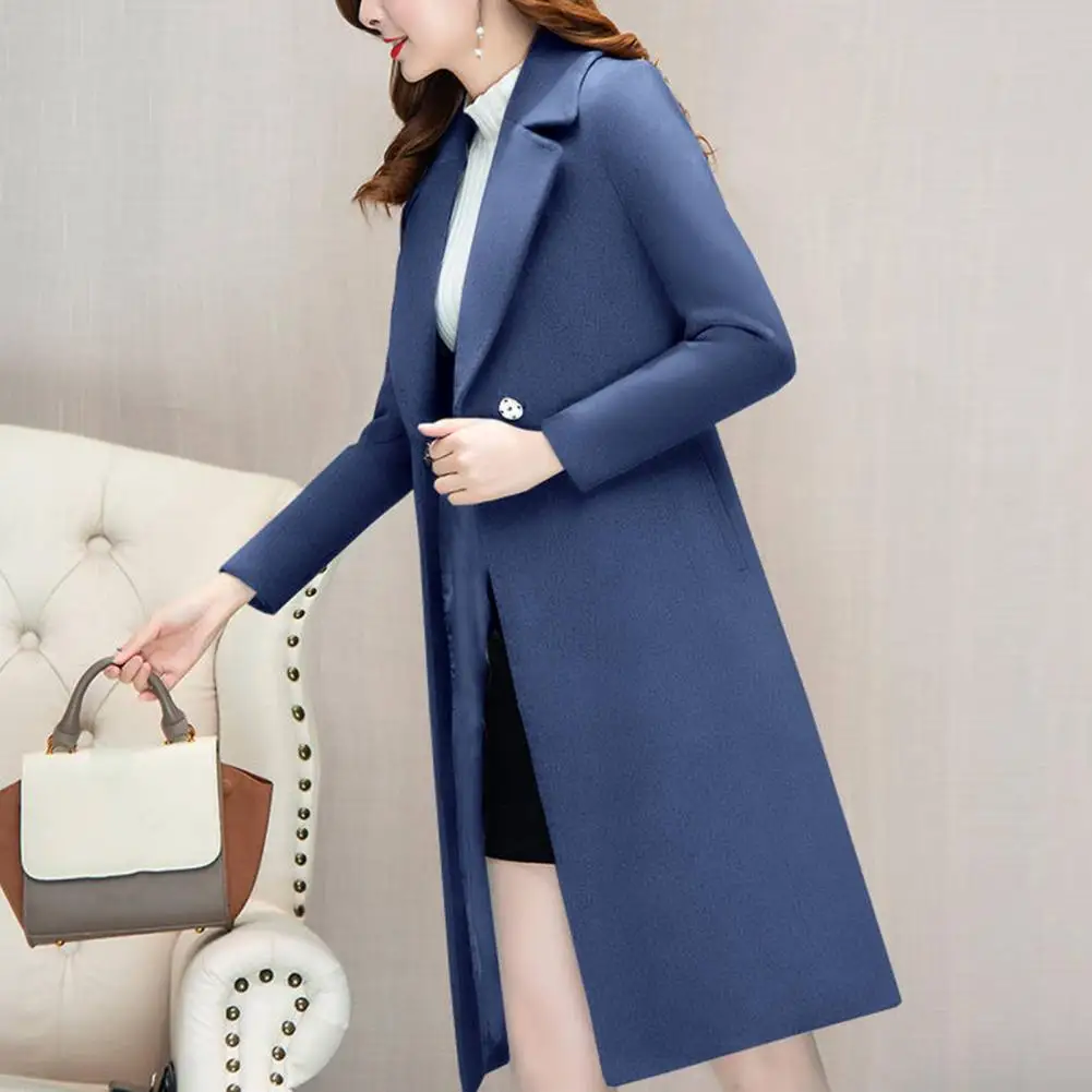 

Women Woolen Coat Solid Colo Autumn Winter Suit Collar Overcoat Slim Fit Mid-length Trench Coat Streetwear
