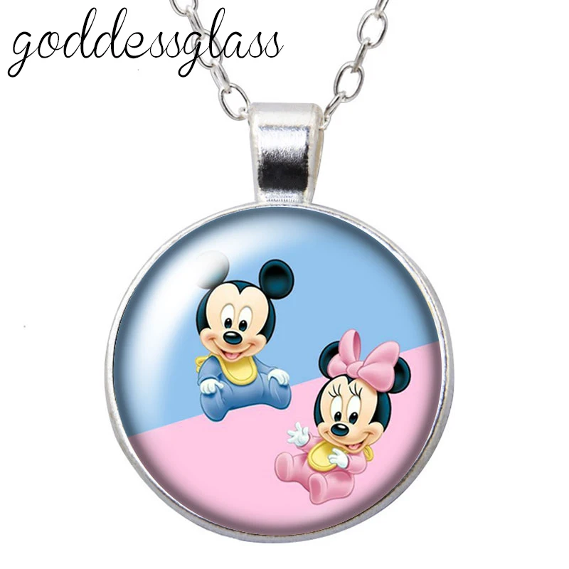 Disney Kids Mickey Minnie baby babe cute Round Photo Glass cabochon silver plated/Crystal pendant necklace jewelry Gift images - 6
