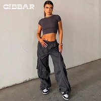 cibbar sporty baggy low waisted trousers casual patchwork pockets drawstring cargo pants female jogger fashion grey sweatpants