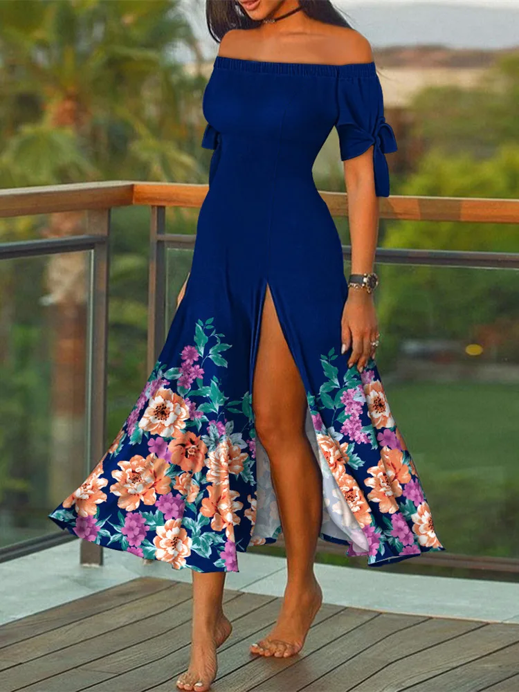 

Mandylandy женское сексуальное богемное Цветочное платье с открытыми плечами и высоким разрезом модное женское платье Y2K без бретелек с высокой ...